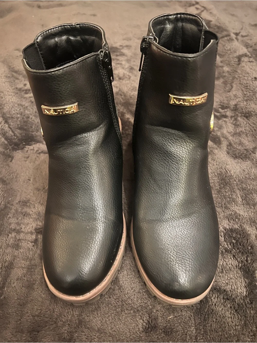 Nautica Black Ankle Boots with Gold Logo Plaques